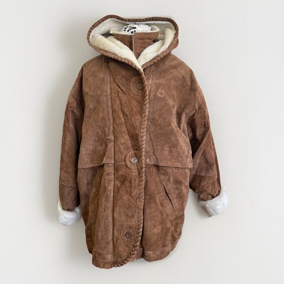 NWT Vtg 80S Dalmys Suede Leather Faux Shearing Jacket W Hood Brown Zip Up‎ Sz M - Picture 1 of 16